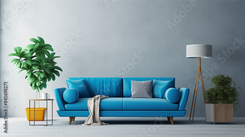 Sleek and Stylish Grey interior with stylish upholstered blue sofa and lamp against paneling wall. Minimalist loft home interior design of modern living room.