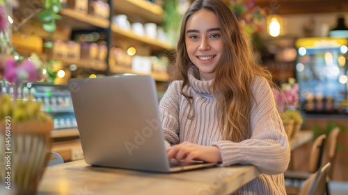 Young Woman Working on Laptop in a Cafe,Smiling and Looking at the Camera with a Soft, Casual Style