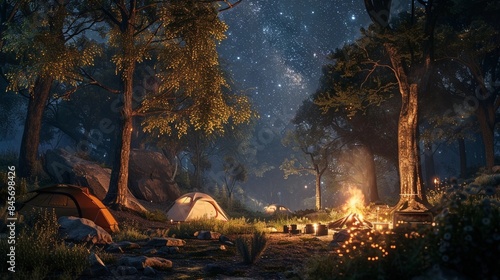Camping in Scenic Forest at night with Campfire