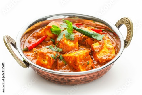 Restaurant-style paneer tika masala in a balti dish, on a white background, traditional Indian food, capsicum, onion, butter, carrot, chilies, parsley