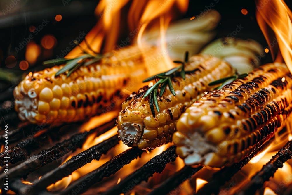 Flavorful grilled corn on bbq with charred edges, a tasty delight for your next meal. Flavorful grilled corn on bbq with charred edges, a tasty delight for your next meal.