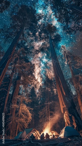 Camping in Scenic Forest at night with Campfire