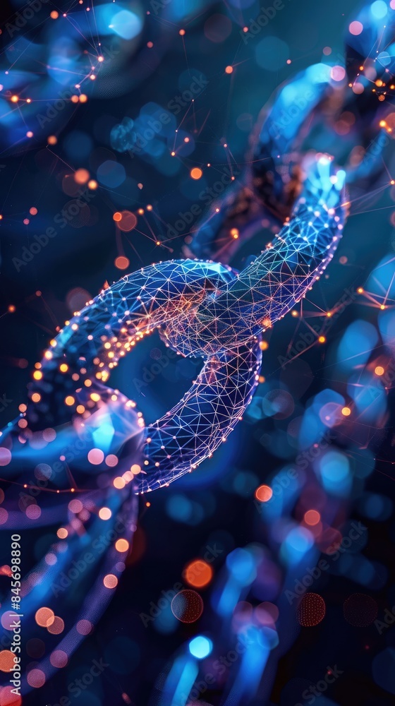 A close-up view of a glowing chain link representing blockchain technology, with a background of blue and orange light particles.