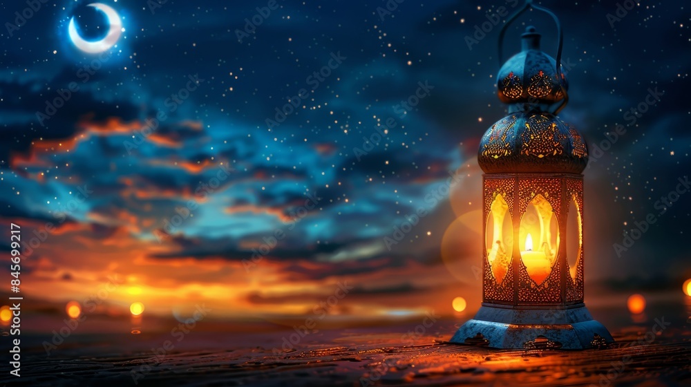 A lantern glowing softly against the night sky, with stars and crescent moon in view, symbolizing Ramadan. A lantern glowing softly against the night sky, with stars and crescent moon in view, symbolizing Ramadan.