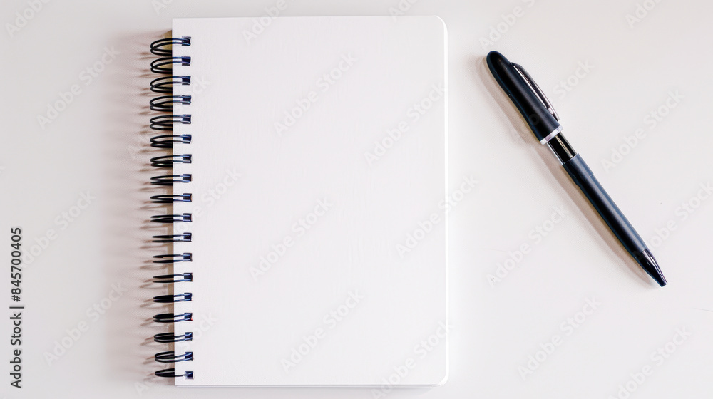 A blank notebook sits on a wooden table next to a pen and a potted plant A blank notebook sits on a wooden table next to a pen and a potted plant