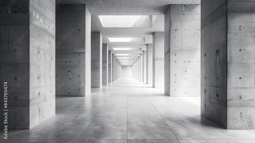 Monochrome hallway, concrete walls