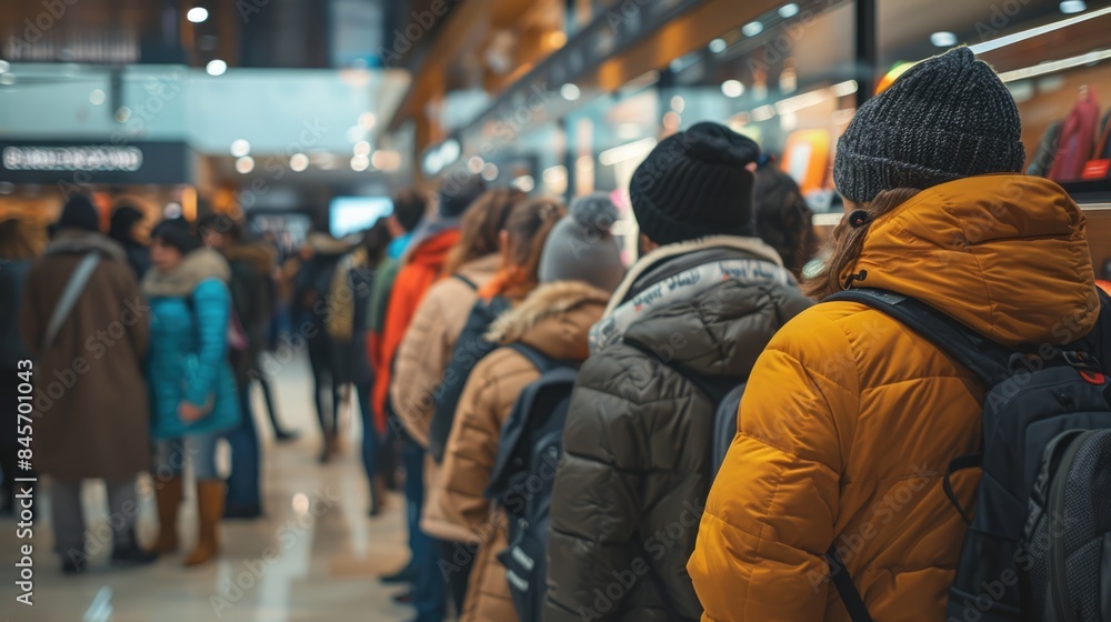 Long queue at store. Many people stand in line. Men group wait indoor. Public crowd. Women and men stand behind each other at shop. Consumerism concept. Long queue at store. Many people stand in line. Men group wait indoor. Public crowd. Women and men stand behind each other at shop. Consumerism concept.