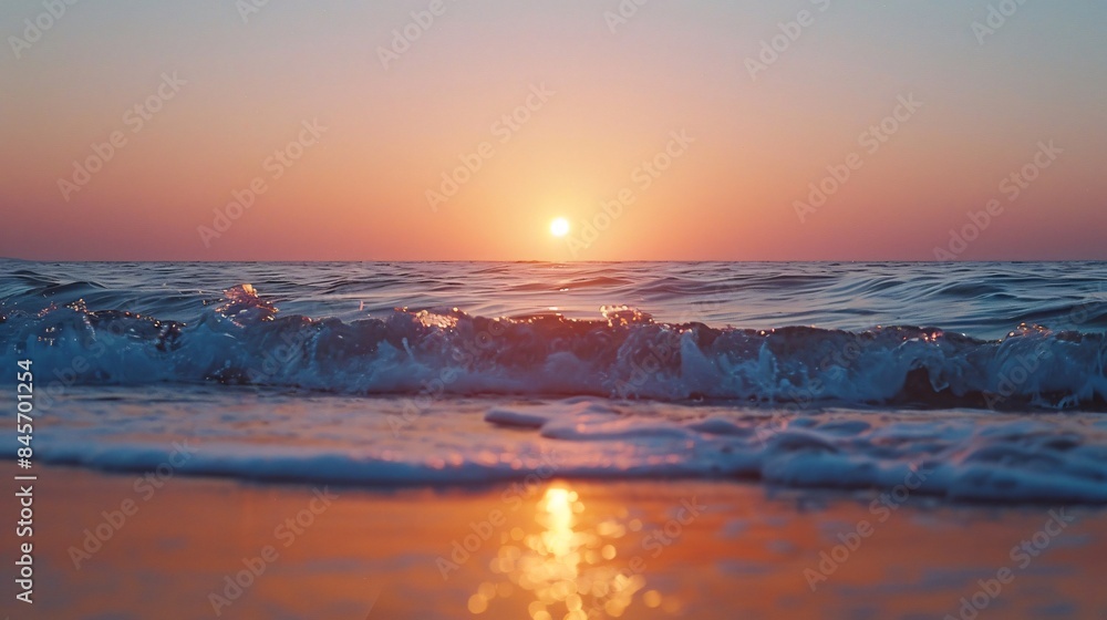 Fototapeta premium Sunset ocean waves bright orange sky