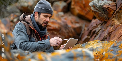 Geologist uses technology to study rock formation in remote outdoor location. Concept Geology, Technology, Rock Formation, Field Study, Remote Location photo