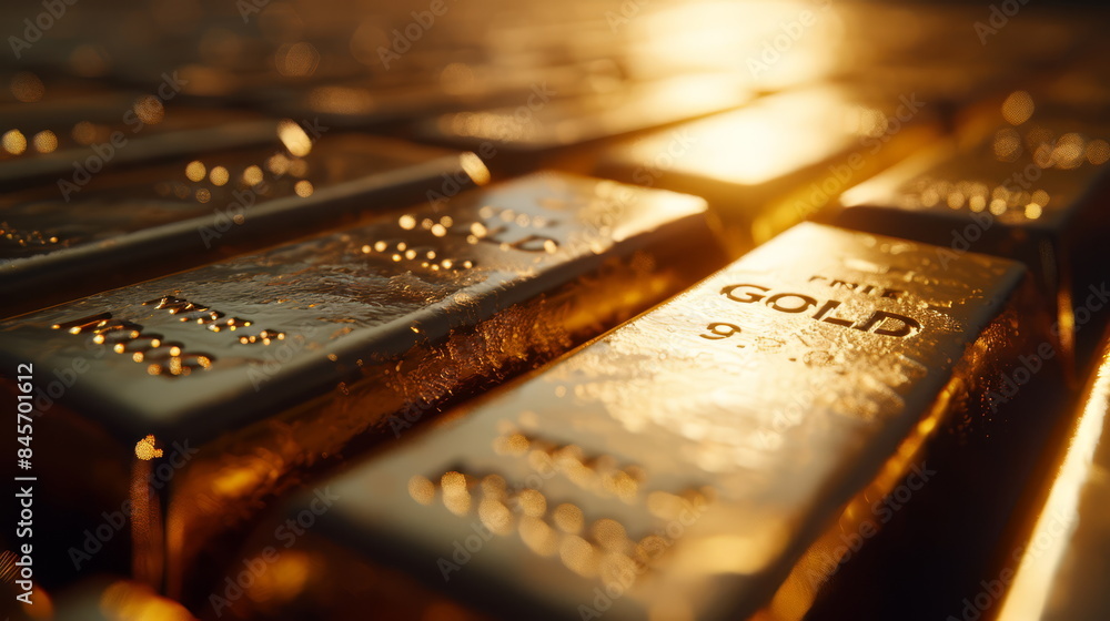 Close-up of gold bars with a glowing reflection, representing investment, wealth and financial security. Luxury and precious metal currency in a serene, economic and commercial context. Close-up of gold bars with a glowing reflection, representing investment, wealth and financial security. Luxury and precious metal currency in a serene, economic and commercial context.