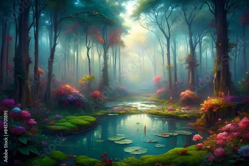 A mystical, dreamy forest with a small pond at the center. The trees are all of different shapes and sizes, and they are covered in a misty haze. The pond is surrounded by colorful flowers and lily pa photo