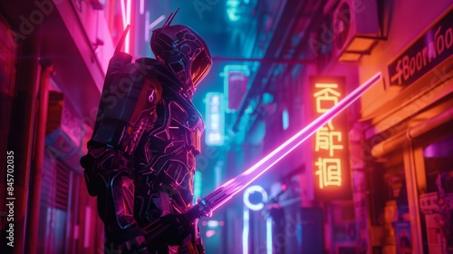 Cyberpunk knight with a neon blade in a vibrant, futuristic city street at night. photo