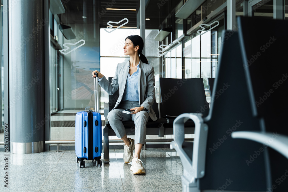 custom made wallpaper toronto digitalBusiness woman sitting in airport and waiting for starting her travel voyage. Woman with luggage is holding handle of the suitcase and looking around airport terminal.