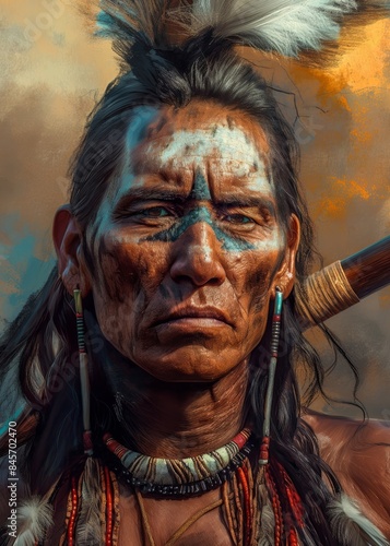 A lifelike painting of a Native American with traditional war paint, feathers, and jewelry.