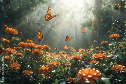 Sunlit Forest Floor With Orange Butterflies and Flowers © olegganko