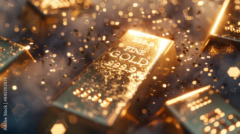 Close-up of gold bars with a glowing reflection, representing investment, wealth and financial security. Luxury and precious metal currency in a serene, economic and commercial context. Close-up of gold bars with a glowing reflection, representing investment, wealth and financial security. Luxury and precious metal currency in a serene, economic and commercial context.