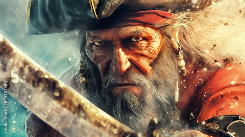 Intense portrait of a grizzled pirate, showcasing his weathered face and determined expression.