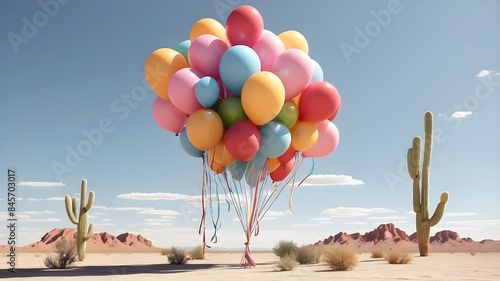 Rendering in three dimensions, a cluster of balloons attached to a desert cactus