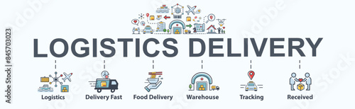 Logistics banner web icon for business. Delivery fast, food delivery, warehouse, tracking, receive and distribution. Flat vector illustration infographic.