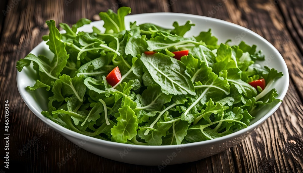 Arugula and other salad leaves in a white bowl on dark wood
Arugula and other salad leaves in a white bowl on dark wood