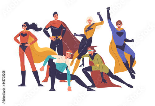 Group Of Six Diverse Superheroes In Dynamic Poses, Showcasing Teamwork, Power, And Heroism. Cartoon Comics Characters