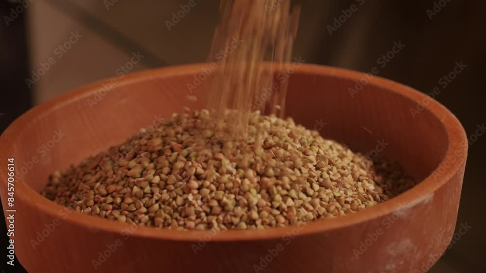 Close-up shot of treatment of seeds of cereals: rye, barley, wheat against diseases and insects using modern equipment. Hard wheat in hopper being ground into whole wheat flour Close-up shot of treatment of seeds of cereals: rye, barley, wheat against diseases and insects using modern equipment. Hard wheat in hopper being ground into whole wheat flour