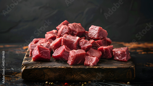 Red raw meat pieces on a wooden board photo