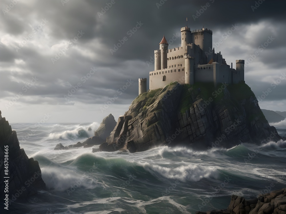 A medieval castle on a cliffside overlooking a stormy ocean. A medieval castle on a cliffside overlooking a stormy ocean.