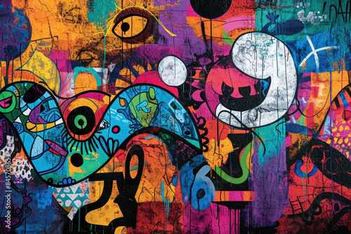 Vibrant Abstract Street Art Mural with Colorful Shapes, Patterns, and Graffiti Elements on Urban Wall