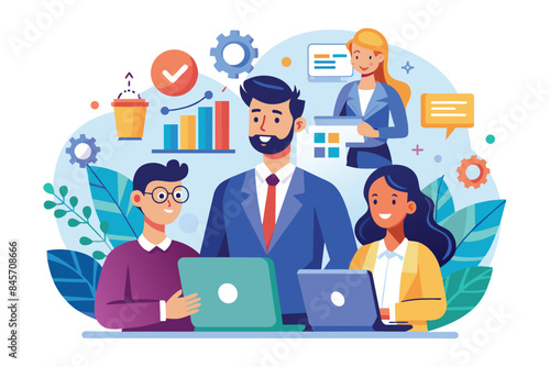 A cartoon illustration depicts a business team working on a project with laptops and charts. The scene showcases teamwork, collaboration, and productivity in a modern business setting.