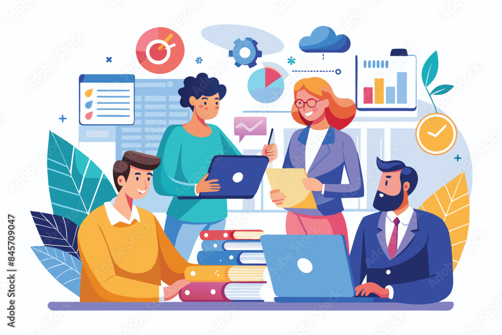 An illustration of four professionals collaborating on a project in a modern office setting. They are using laptops, documents, and other office supplies to work together effectively. An illustration of four professionals collaborating on a project in a modern office setting. They are using laptops, documents, and other office supplies to work together effectively.