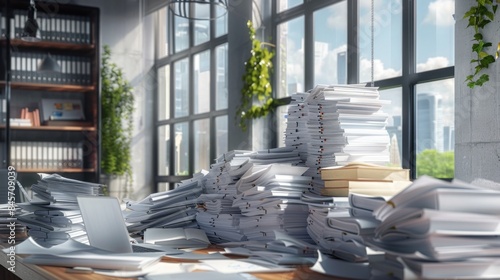 A cluttered office desk overflowing with stacks of paper, a laptop, and a few books. The window offers a glimpse of the city skyline.