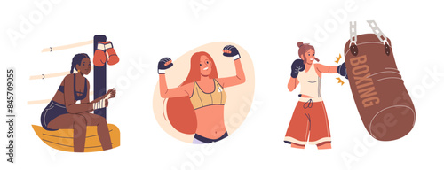Three Women Characters Engaging In Various Boxing Activities, Including Resting, Celebrating, And Hitting A Punching Bag