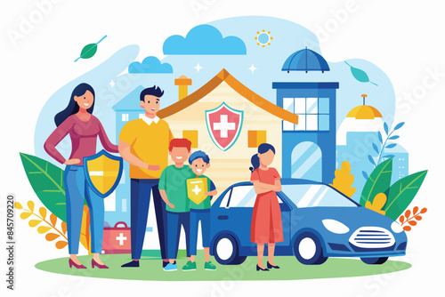 A family of four stands in front of their home, a car, and a shield representing their health and life insurance plan.