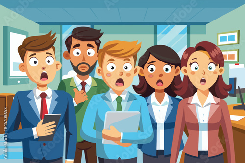 A group of five office workers stand in an office, all looking surprised and shocked as they react to some unexpected news.
