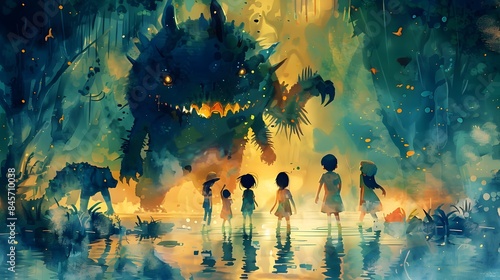 Whimsical Watercolor of Children and a Monster Rescuing Animals from a Flooded Forest © vanilnilnilla