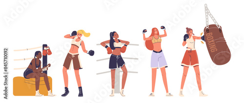Group Of Diverse Women Training Boxing Techniques In A Gym. Female Characters Engaging In Fitness, Self-defense