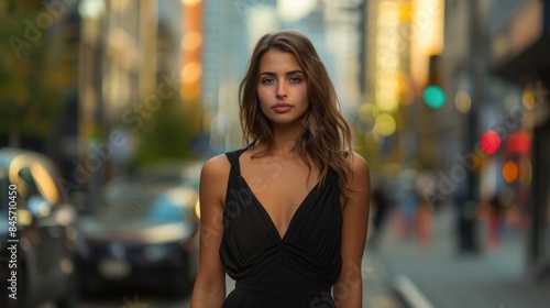 Stylish woman in a sleek black dress on a city street © indyntk