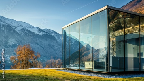 Glass House With Mountain Reflections
