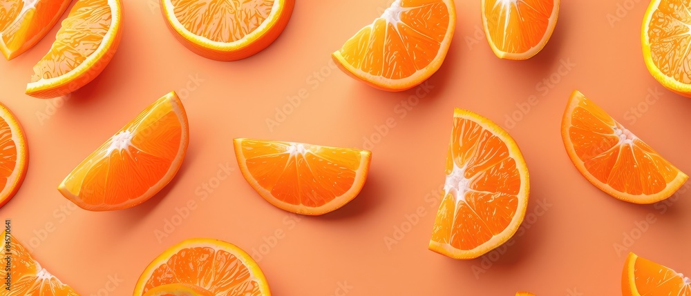 Slices of fresh orange scattered on an orange background with water droplets. Slices of fresh orange scattered on an orange background with water droplets.