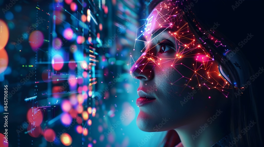Woman Wearing Wireless EEG Headset Controlling Digital Interface With Her Thoughts in Vibrant Futuristic Visualization Woman Wearing Wireless EEG Headset Controlling Digital Interface With Her Thoughts in Vibrant Futuristic Visualization