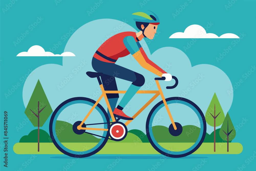 Fototapeta premium A person is riding a bicycle through a park with blue skies and white clouds.