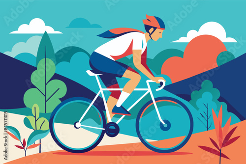 A cyclist in a helmet and a white jersey rides a white bicycle through a colorful landscape. The background features hills, trees, and clouds.