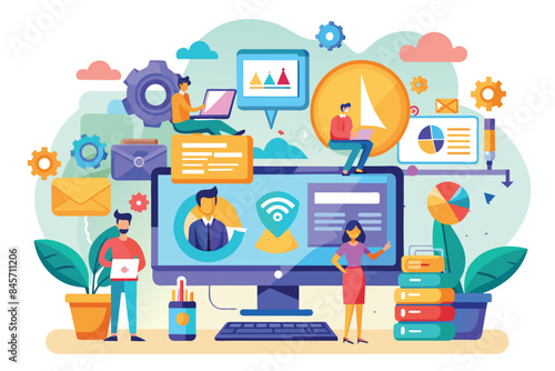 An illustration depicting people working together on a large computer screen with various charts, graphs, and data visualizations.
