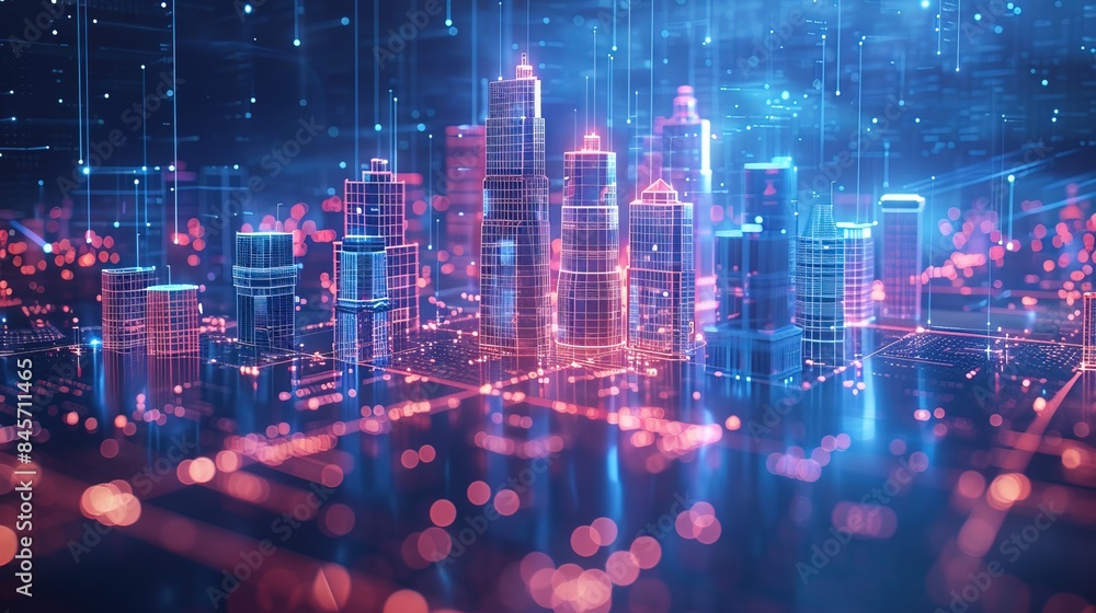 Digital city with wireframe technology background, virtual screen Digital city with wireframe technology background, virtual screen