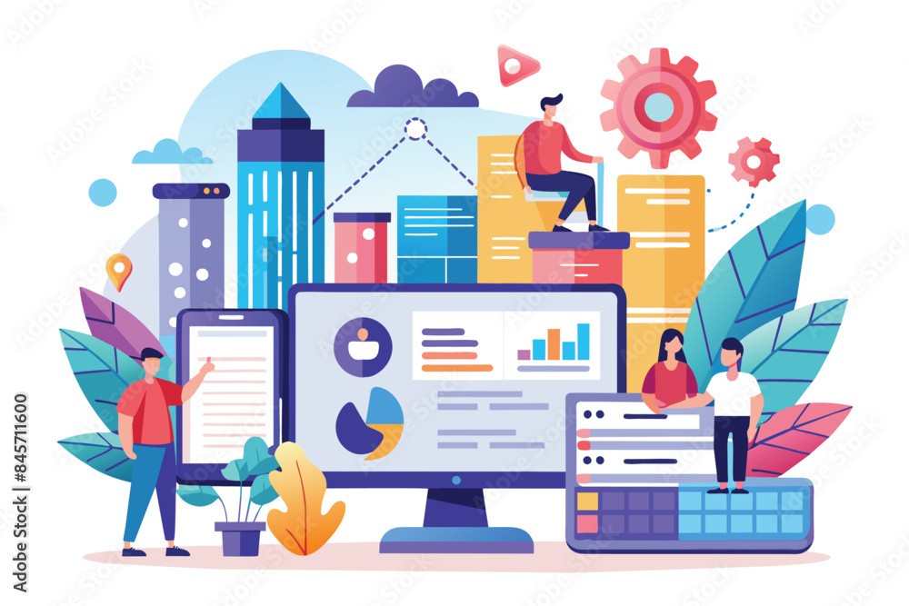 Fototapeta premium Illustration depicting a team of business people working together to analyze data and drive growth, with a cityscape and modern technology in the background.