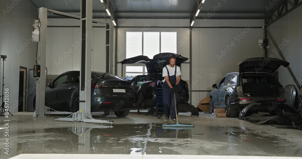 Mechanic Mopping The Floor Of An Auto Workshop With Several Cars Being Repaired. Clean And Organized Workspace Emphasizing Cleanliness And Maintenance. Mechanic Cleaning Auto Workshop Floor. Mechanic Mopping The Floor Of An Auto Workshop With Several Cars Being Repaired. Clean And Organized Workspace Emphasizing Cleanliness And Maintenance. Mechanic Cleaning Auto Workshop Floor.