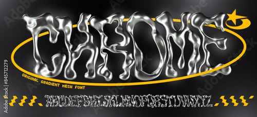 Melted chrome Y2K font. Metallic liquid 3D alphabet, metal blob shape creative typography and trendy distorted molten silver letters vector set