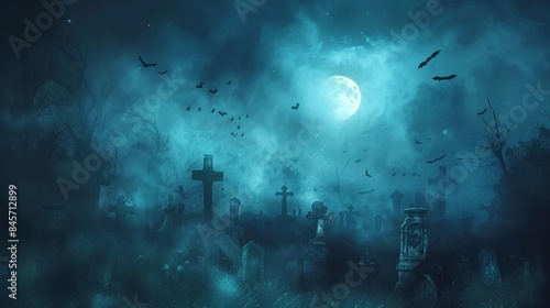 Eerie Moonlit Graveyard with Bats in Flight - Generative AI