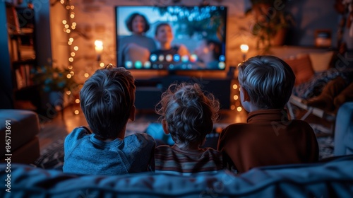 Three children are sitting on a couch and watching a holographic video call with their family.